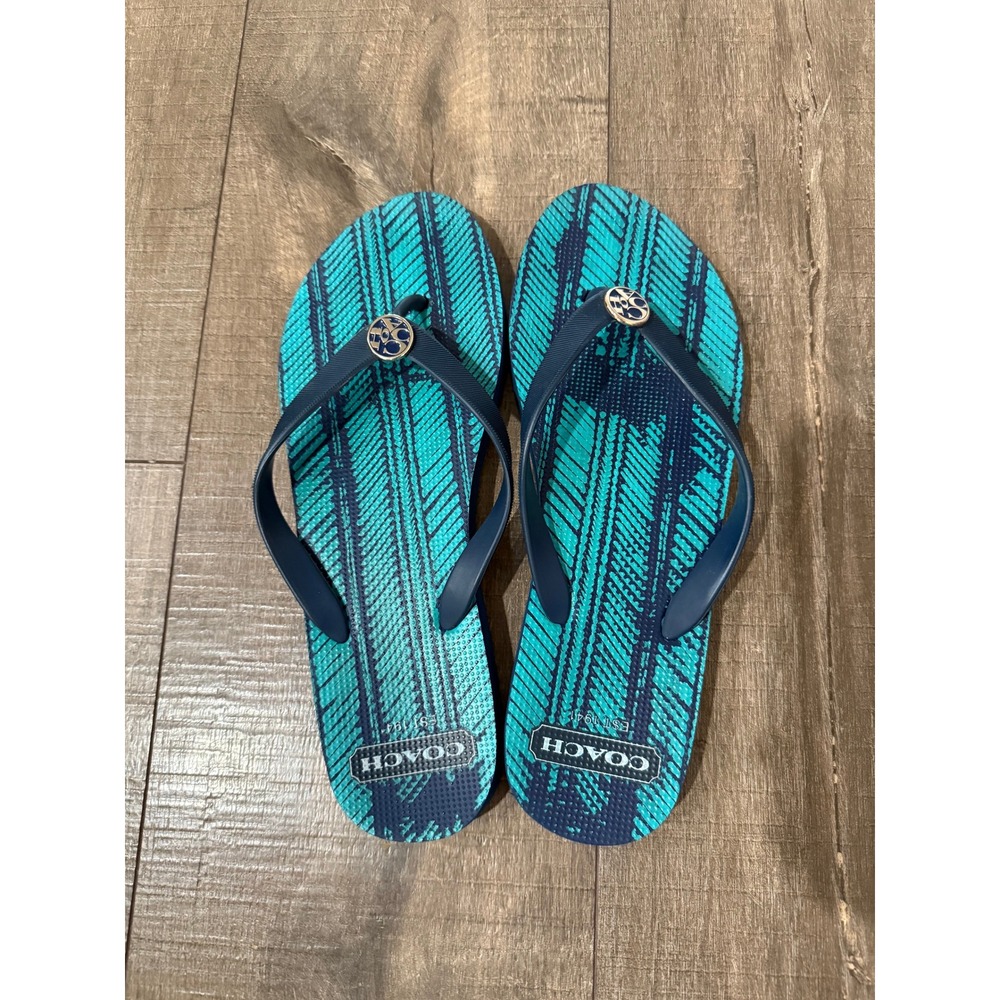 Coach Women Flip Flops Sandals Blue Green Chevron Logo Size 9-10 Beach Vacation